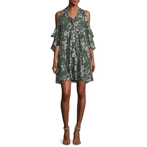 Shoshanna Fern Green‎ Floral 100% Silk Cold Shoulder Lined Tie Neck Dress 8